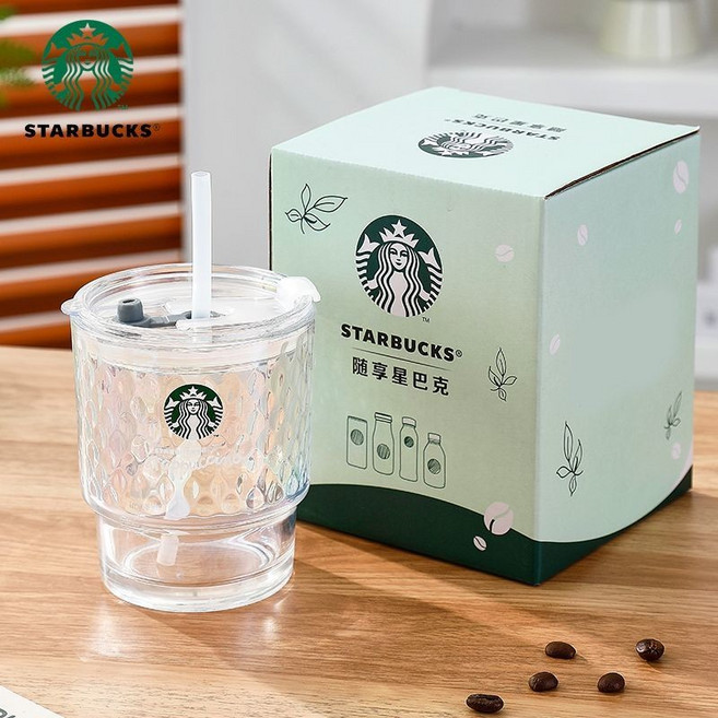 星巴克 隨享吸管玻璃杯 大容量 高顏值 冷飲牛奶杯, 1個, 星巴剋炫彩玻璃咖啡吸管盃
