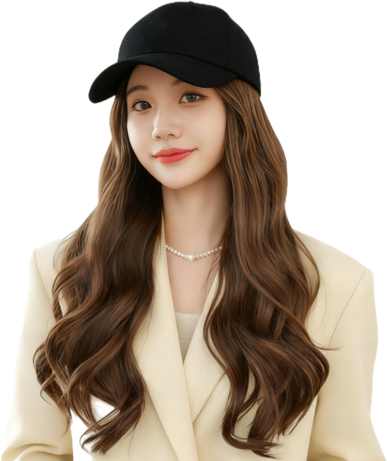 상덕 모자 전체가발 + 가발망 요즘유행 여성통가발, 1개, 검은색 모자, 연밤색 곱슬머리