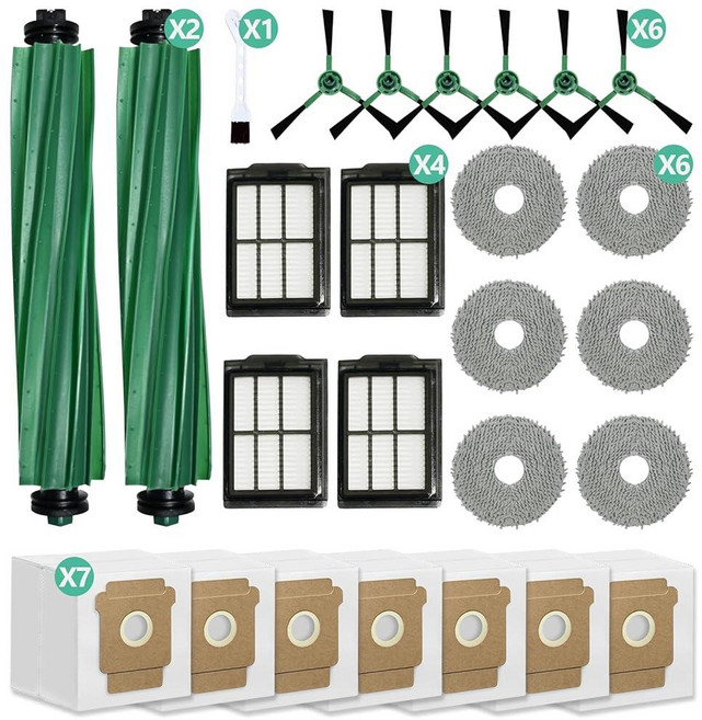 IRobot Plus 405/505/507 콤보 진공 청소기 액세서리와 호환되는 교체 부품 26개 메인 브러시 2개 더스트 백 7개 대걸레 패드 6개 필터 4개 사이드, 2+7+6+6+4+1팩