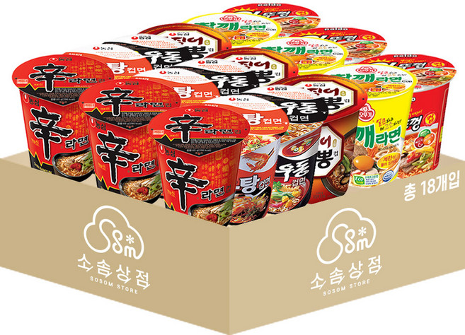 [소솜상점] 컵라면 소컵 혼합 18개 (신라면+새우탕+튀김우동+오징어짬뽕+참깨라면+왕뚜껑 각3개), 1개