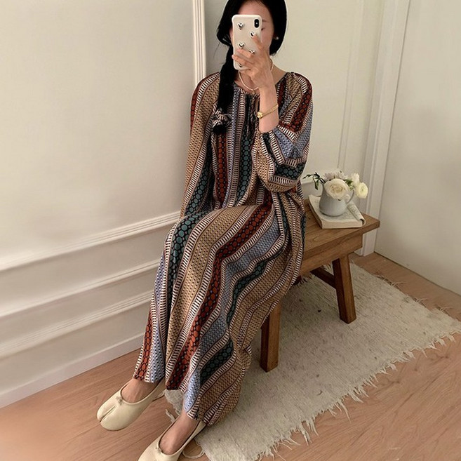 어나더뷰 2193 [벨트+머리끈set/비스코스/빅사이즈] 벌룬 긴팔 원피스 파자마 잠옷 홈웨어 레이온 루즈핏 오버핏 퍼프 셔링 간절기