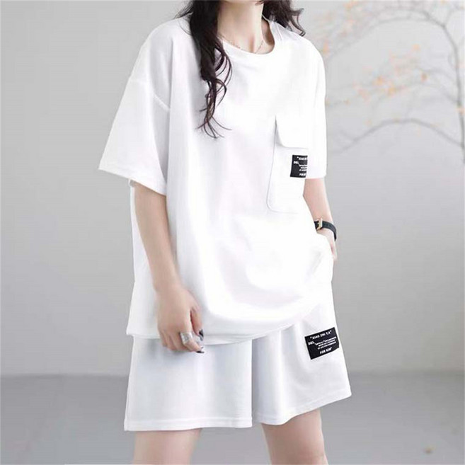 besteffie 여성 여름 캐주얼 세트업 데일리 반팔 티셔츠 반바지 편안한 면 소재 빅포켓 장식 박시 투피스 세트 K92