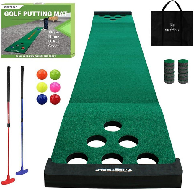 Crestgolf 매트 게임 세트 그린 매트 조절 가능한 퍼터 2개 골프공 6개 실내 및 실외 쇼트 사무실 파티 뒷마당 사용을 위한 골프 홀 커버 12개 113817, Crestgolf 매트 게임 세트 그린 매트, 조절 가