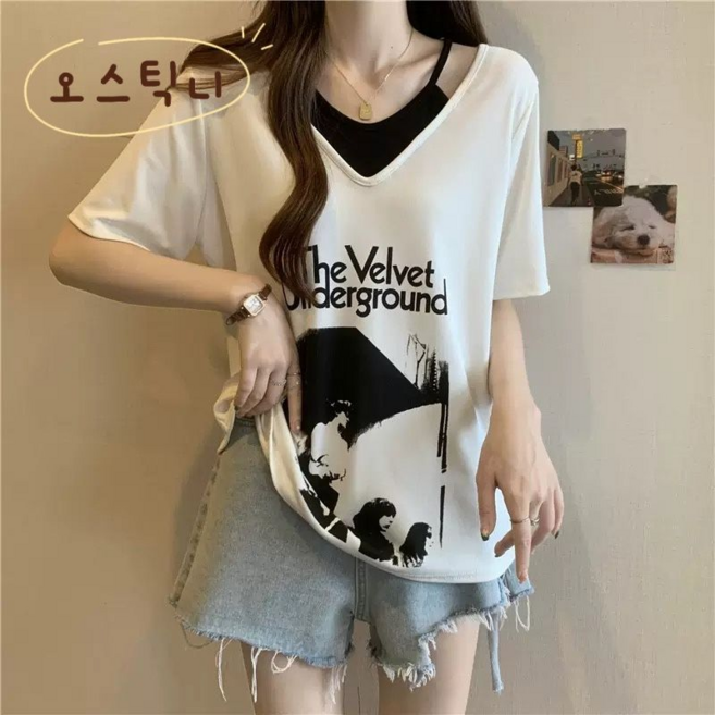 오스틱니 100kg까지 빅사이즈 초특가 특가상품 날씬해보이는 심플 프린트 V넥 시원한 반팔 티 여름 여성 편한 무지 루즈핏 얇은 박스티 캐주얼 티셔츠