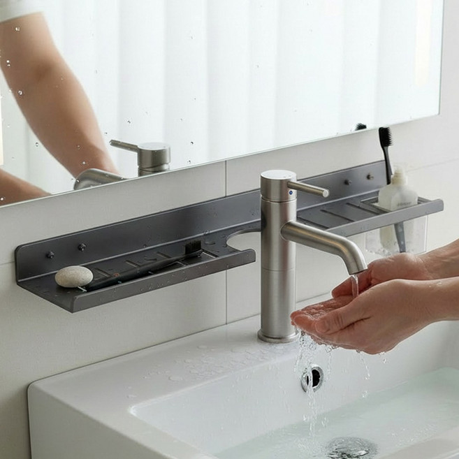 한평한뼘 무타공 세면대 선반 물빠짐 욕실 정리대, 그레이, 1개