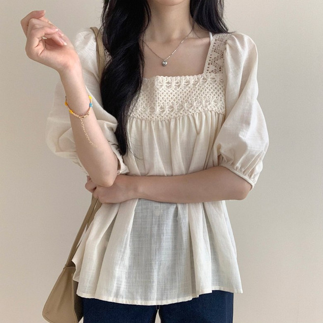 [베리트] 스퀘어넥 니트 반팔 블라우스 티셔츠 VT-680