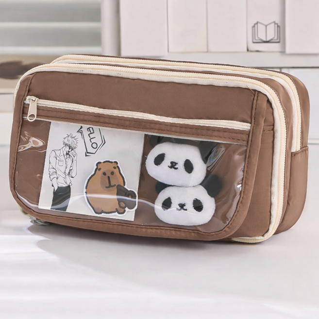 대용량 필통 9칸 분리형 펜슬케이스 수납 파우치 투명 포켓 필통, 1개, 브라운