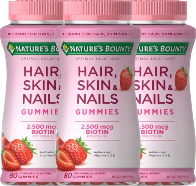 [Nature's Bounty] 헤어 스킨 & 네일 구미 2500 mcg 비오틴 스트로베리 맛 80 구미 3 SET, 80정, 3개