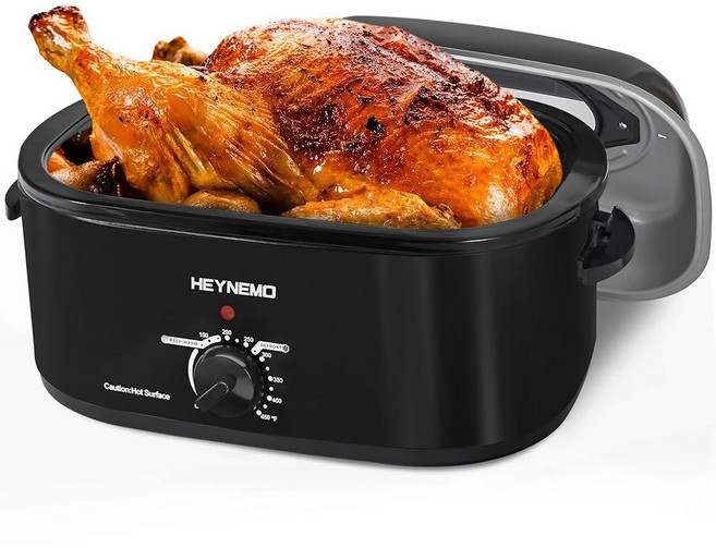 눈에 보이는 셀프 베이스팅 뚜껑이 있는 28쿼트 전기 로스터 오븐 해동 따뜻한 기능이 대형 칠면조 로스터 온도 조절 가능 탈착식 팬 랙 스테인리스 스틸 실버, Blue, 28QT