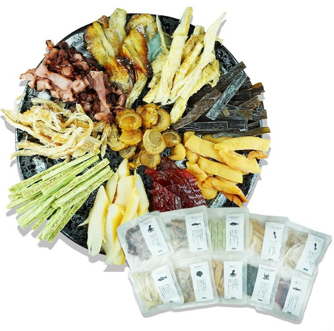 극상 10점입 홋카이 명산의 맛을 통째로 응축 무 돛립 키무치 연어 토바 참깨 녹 츠부 훈제 미린타코 돛립 조개 끈 야키에이 히레 구운 이와시 이카스미 사키이카 젖꼭지 다시마 안주, 1개, 1g