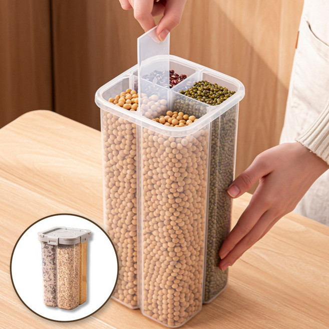 하리코 분리형 칸막이 잡곡통 곡물 용기 쌀 보관함 보관통, 그레이, 1개