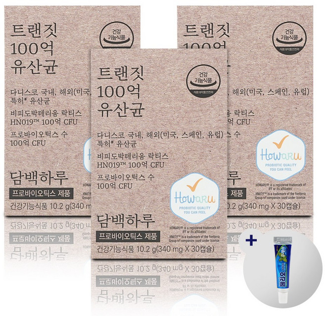 담백하루 트랜짓 100억 유산균 + 여행용 미니치약 구, 30정, 3개