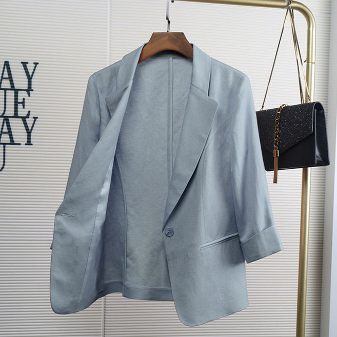 WEIHAN 여성 칠부 린넨 정장 코트 슬림 얇은 상의 면 마 블레이저 여름 숏 자켓