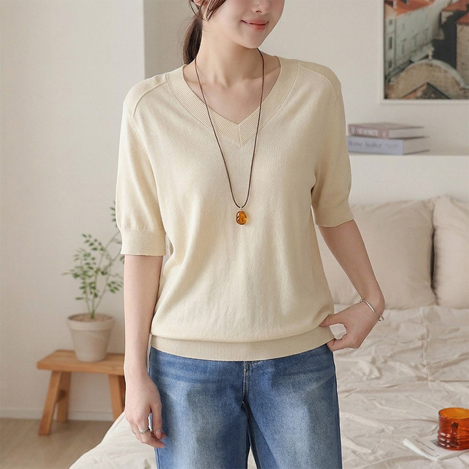 데일리앤 스카이 시원한 여름 무지 브이넥 쿨 반팔 니트 티셔츠 여리핏