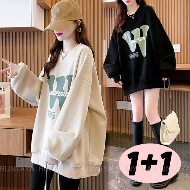 1+1 / 2P 세트 긴팔 티셔츠 여성 가을 겨울 긴팔티 특양면 맨투맨 빅사이즈 오버핏맨투맨 봄 가을 와이드티 D99U