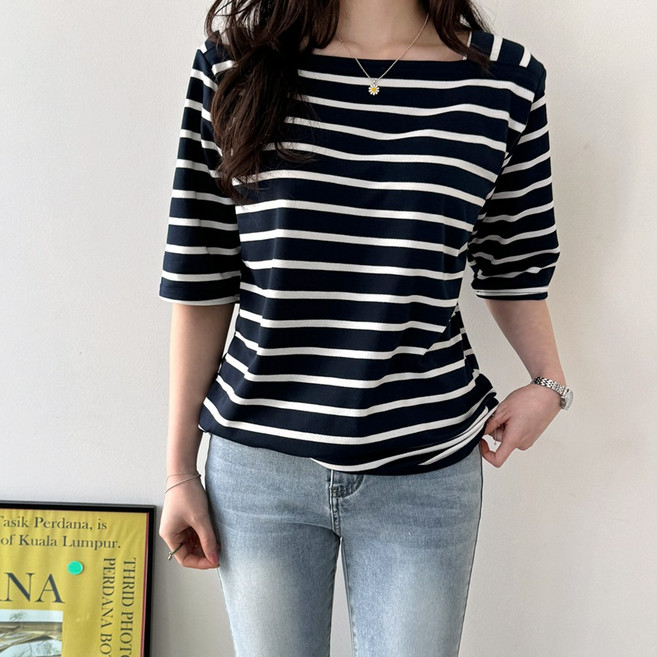 데일리앤 단델리 여성 기본 스트라이프 단가라 양 스퀘어넥 얇은 쭈리 반팔 티셔츠