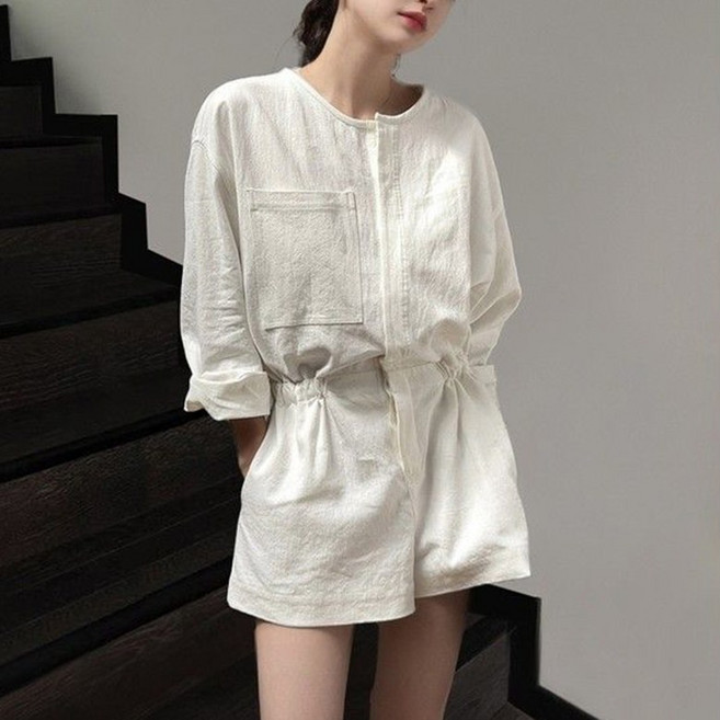 QEWBG 여성 라운드넥 카고 셔츠 점프수트 반바지 봄여름 스트링 허리