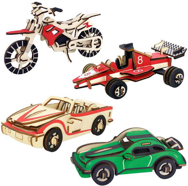루캔필 DIY 우드퍼즐 입체 나무 자동차 오토바이, 1개, 혼합4종-A세트, 182피스