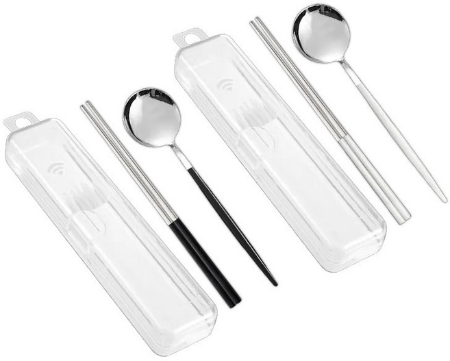 GREEN BELL 304不鏽鋼 極簡餐具組 湯匙 筷子 餐具盒, 1個, 白, 極簡黑白