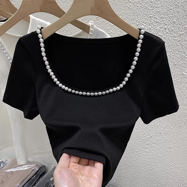FANSYLI 빅사이즈 진주 반팔티 여성 여름 슬림 숏 이너티 라운드 데일리 심플 티셔츠 상의 W2507J01