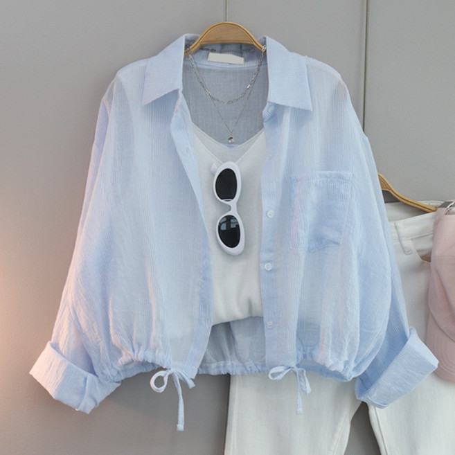 달콩 여성 잔줄단가라스트링크롭셔츠 여름셔츠 시스루 카라셔츠