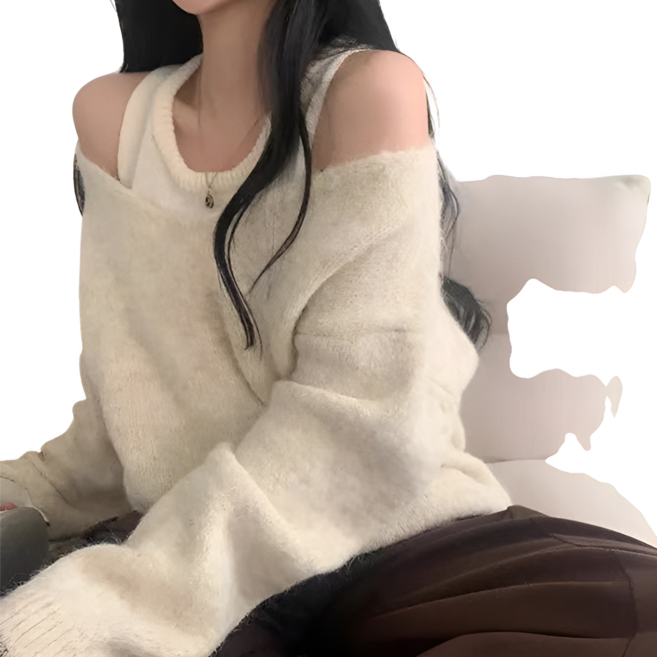 에리르 원오프숄더 레이어드 나시 니트 앙고라 브이넥 스웨터 투피스 세트