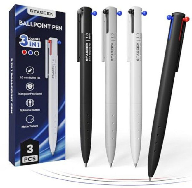 STAGEEK 삼색펜 3색펜 멀티펜 젤펜 3색볼펜 1.0mm, 3개입