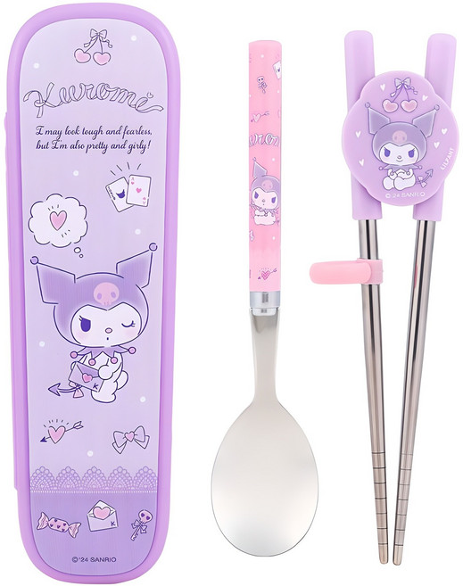 릴팡 유아용 산리오 스텐 젓가락 스푼 글라이더 케이스 세트 2단계, 쿠로미, 케이스 + 스푼 + 젓가락, 1세트