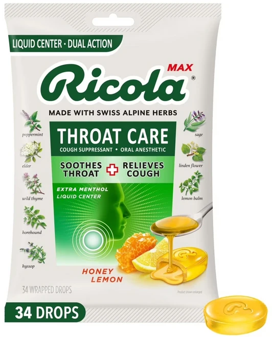 리콜라 Ricola Max 맥스 허니레몬 트로치 목캔디 기침 진정 사탕, 34개 - 쿠팡