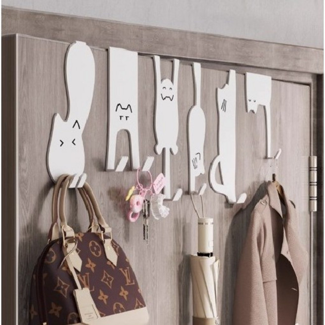 다용도 고양이 모양 문 걸이 행거 옷걸이 6개, 1세트, 화이트