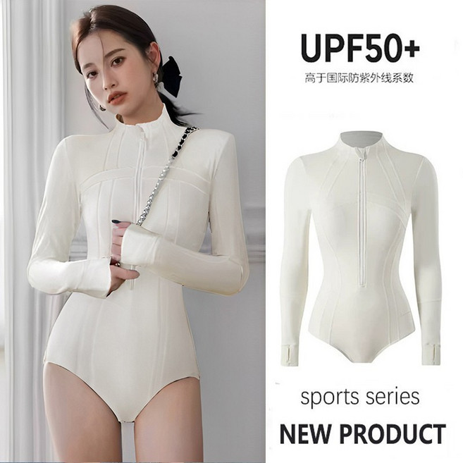 高領泳衣女長袖長褲專業防曬UPF50 連體速幹潛水服水母衣, 白蛋白, 連體三角