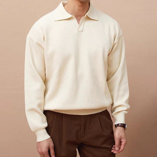 Asure 남자 오픈 카라니트 부드러운 혼방 긴팔니트 와플 베이직 니트