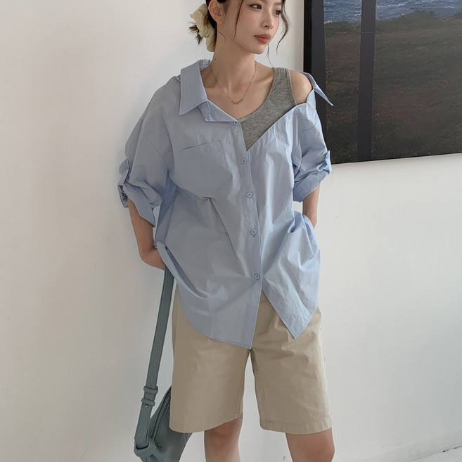 러아카 나시 일체형 오버핏 반오프숄더 롤업 셔츠