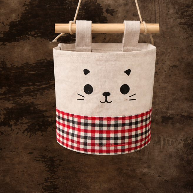 패브릭 벽걸이 수납형 보관주머니 소품주머니, 레드블랙체크