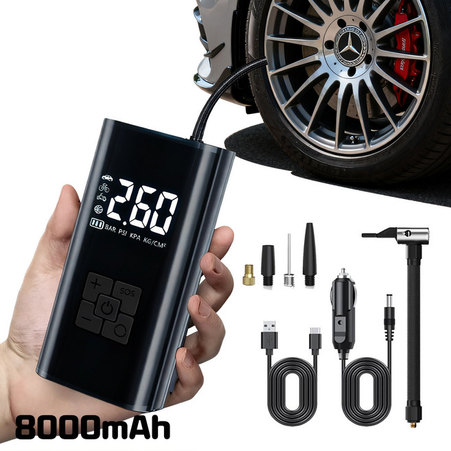 타이어 공기압 주입기 휴대용 무선 올인원 세트 6000mAh 타이어 압력 모니터링/led손전등/보조배터리/자동차 농구공 자전거 오토바이 다용도에어펌프, 업그레이드형 8000mAh, 1세트