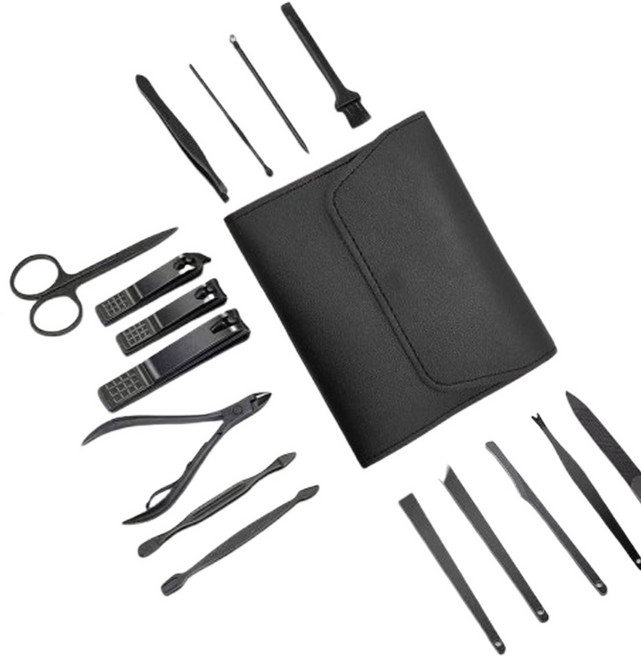 드흐으 휴대용 튀지않는 고급 16종 블랙 손톱깎이 세트, 1개, 매트 블랙