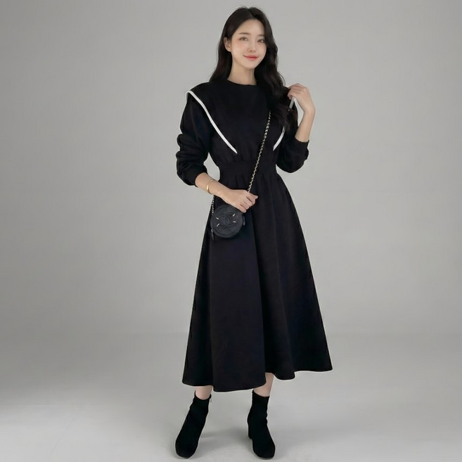 허리 밴딩 플레어 롱 기모 원피스