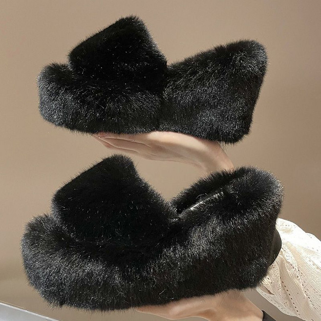 셀럽당여자 퍼 슬리퍼 추동 웨지힐 키높이 9cm 통굽