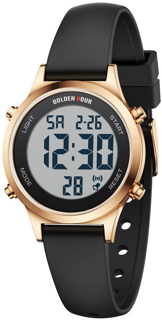 GOLDEN HOUR 실리콘 스트랩 방수 여성용 디지털 시계 알람/달력/스톱워치/크로노그래프/LED 백라이트 GH1330
