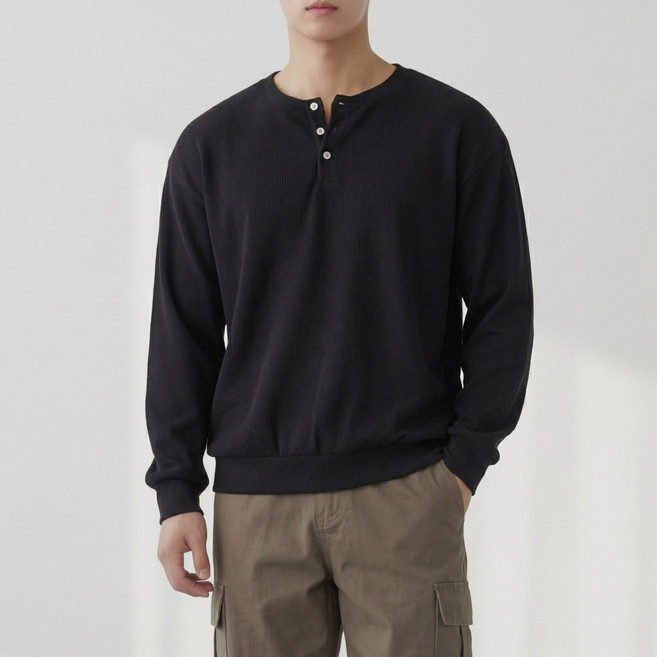 더베이직샵 남성용 스판 오버핏 골지 헨리넥 라운드 긴팔 니트