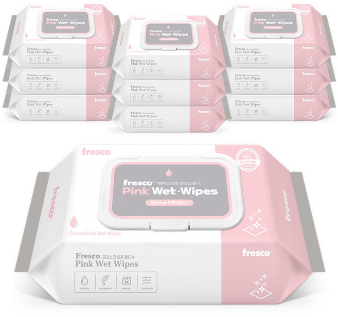 프레스코 핑크 물티슈 캡형 엠보 아기물티슈, 10개, 70매, 55g