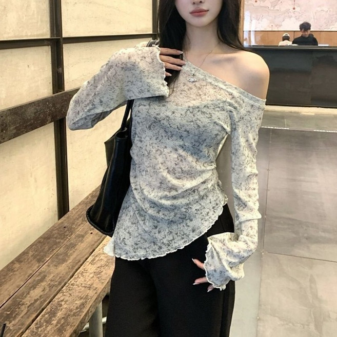 야오야오 원숄더 나염 언발 웨이브 시스루 긴팔 티셔츠