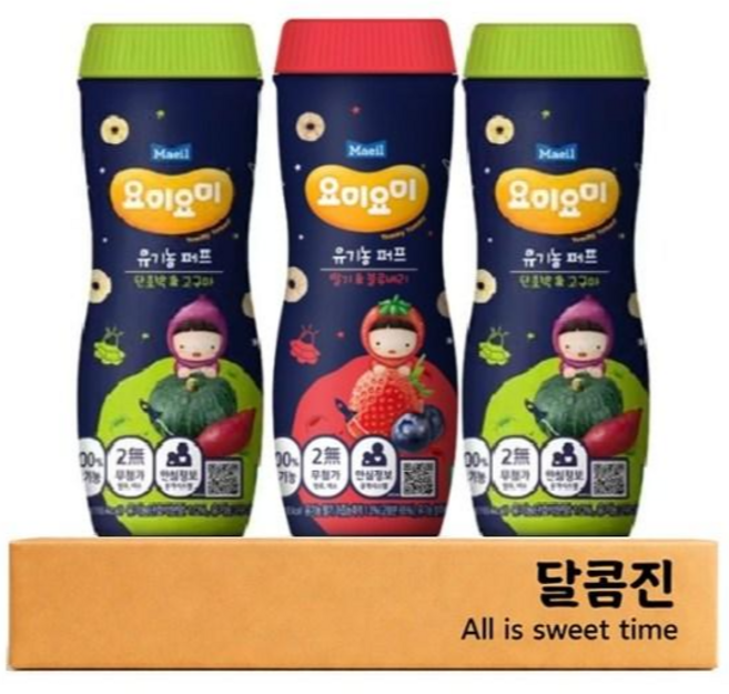 [달콤진] 매일유업 요미요미 유기농퍼프 딸기&블루베리 1개 + 단호박&고구마 2개, 딸기&블루베 / 단호박&고구마, 42g, 1세트