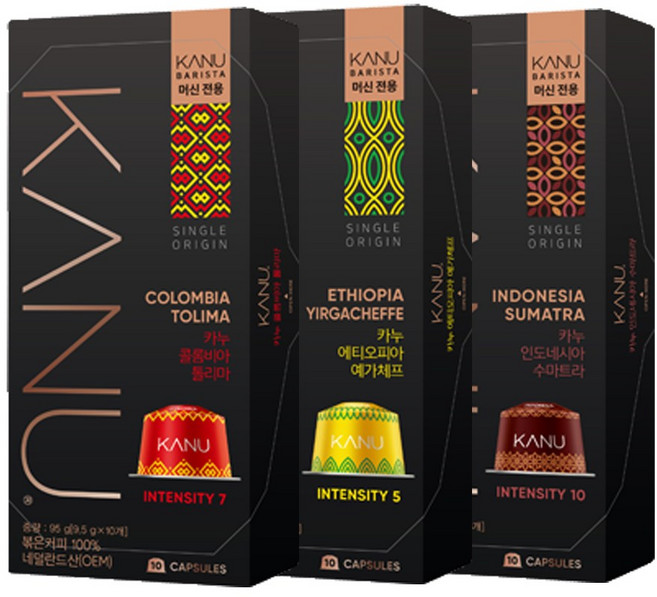 카누머신용 캡슐 기획세트(콜롬비아 톨리마 에티오피아 예가체프 인도네시아 수마트라) 총 6팩(60캡슐), 6세트, 1개입, 95g