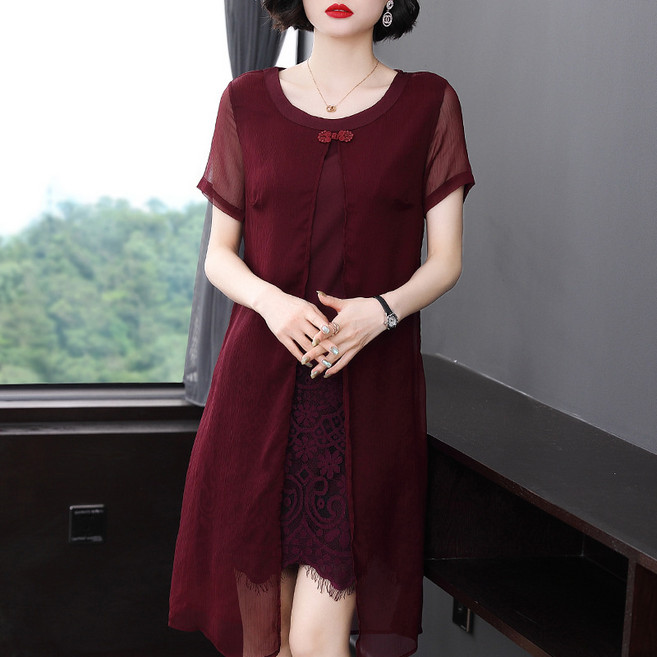 DFMEI 媽媽夏裝短袖婚禮紅色連衣裙中老年女裝蕾絲氣質喜婆婆婚宴禮服