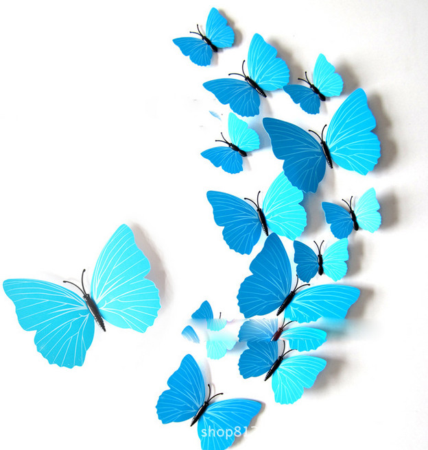 1/2/3set 입체 나비 포인트 벽지 3d 인테리어 학원 데코 스티커 벽장식, 단색블루12P, 1세트