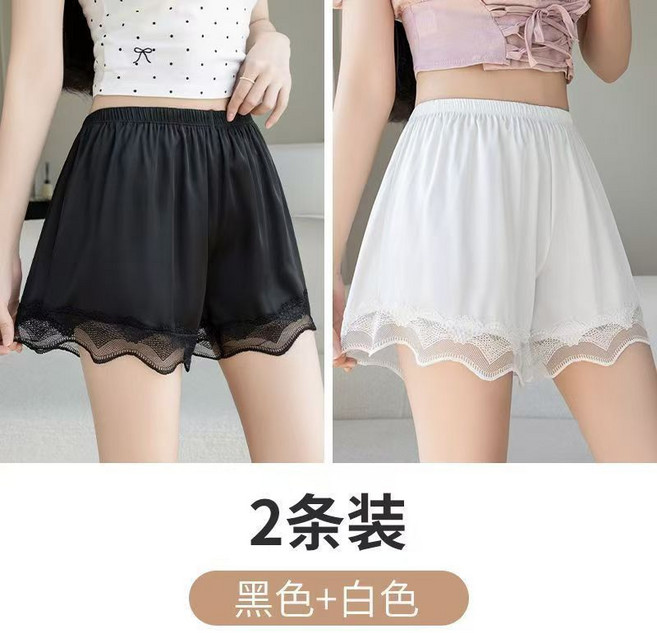 冰絲蕾絲花邊安全褲 短褲 女 夏季薄款防走光居家外穿3條裝, 1個, 黑色+白色【冰絲蕾絲+透氣防走光】XL 適合130-160斤