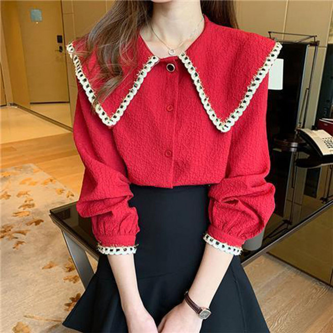 여성 긴팔 블라우스 캐주얼 봄 가을 긴팔티 기질 인형넥 터틀넥 쉬폰 블라우스 RSH