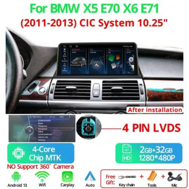 안드로이드 오토 올인원 네비게이션 NAVIGUIDE 스마트 카 시스템 무선 카플레이 라디오 멀티미디어 플레이어 12.3 인치 13 BMW X5 E70 X6 E71 2008-2013, 2) 10.25-CIC-2-32G - Eight Cor