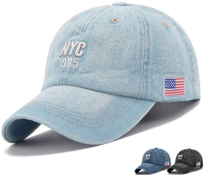 쉬즈인 NYC 1985 청모자 레터링 빈티지 야구모자 미국 국기 야구모자 성조기 볼캡 남녀공용 캐주얼